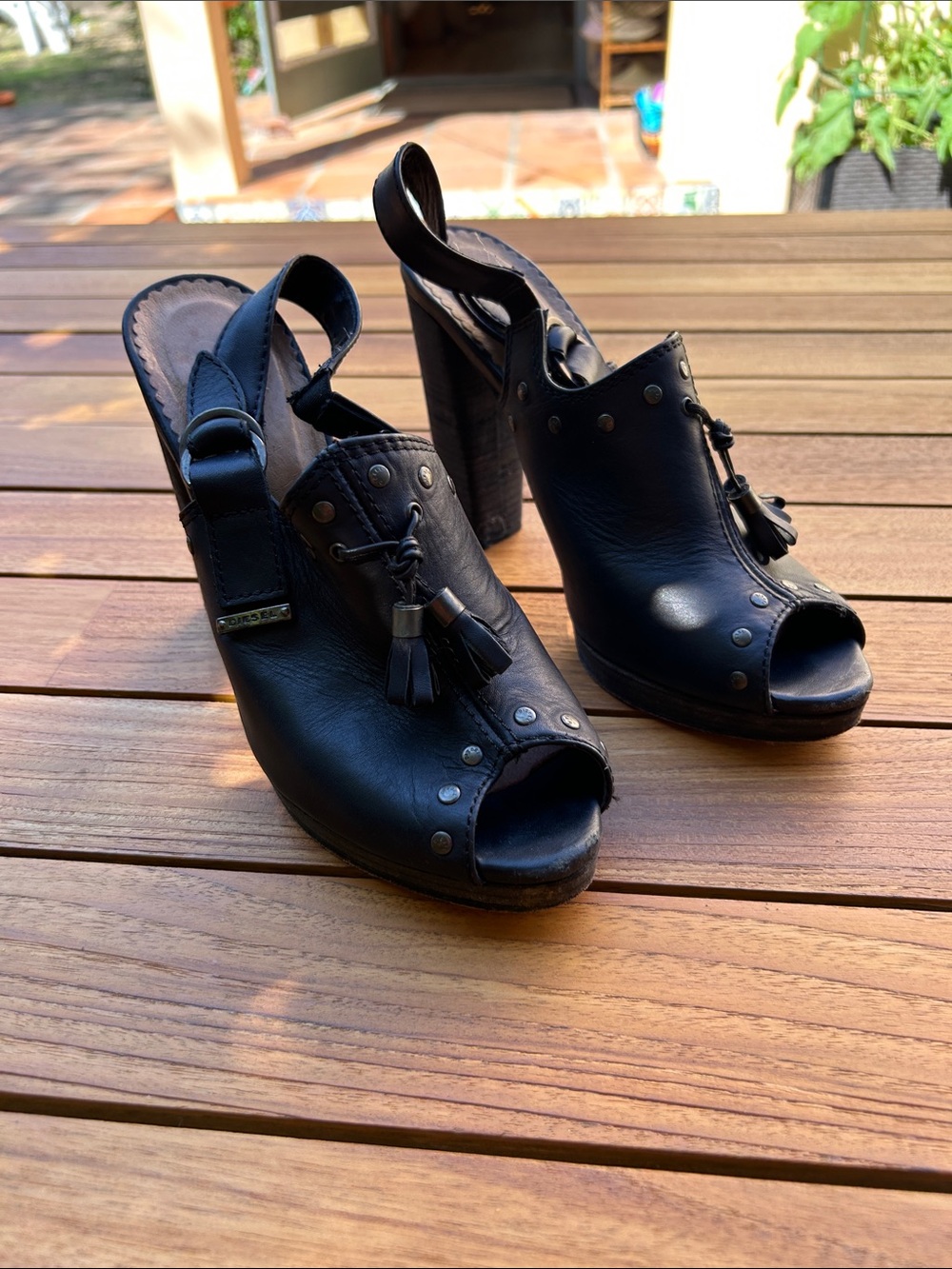 Diesel Black Leather Peep-Toe Slingback Heels with Tassel Studs